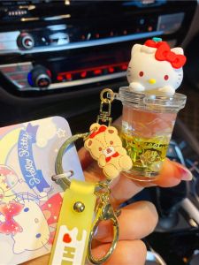 Sweet Hello Kitty Milk Tea Cup Keychain KT Cat Pendant Kawaii Kitty Bag Charm Creative Gift Cartoon Series PVC Acrylic Hardware