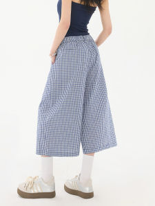 QIAOMIDUO | Summer Thin Blue Plaid Loose Wide Leg Seven-Foot Womens Small Size Dopaamine Casual Cotton Straight Cut Elastic Waist High Waist