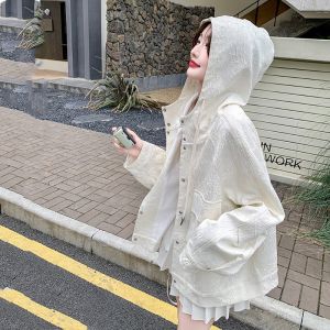 Elegant White Embroidered Hooded Jacket Womens Spring Autumn High Fashion Chinese Style Top Quality Commute Loose Fit Long Sleeve
