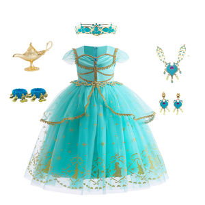 Girls Jasmine Princess Dress Aladdin Inspired Arabian Costume Turquoise Tulle Tutu Dress for Kid Halloween Cosplay Birthday Gift