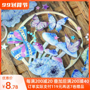 Original OKMT New Seven Days Sticker Tape PET Blue Mushroom And Blue Butterfly Landscape Whole Roll Journaling Adhesive Tape