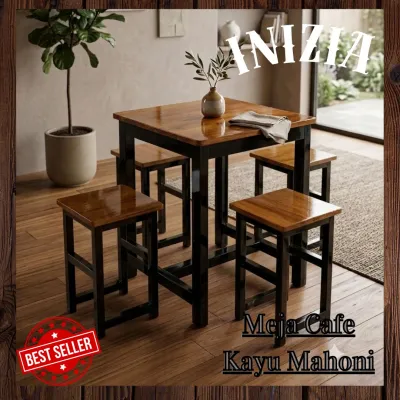 Meja Cafe Kayu Mahoni dengan Kursi Set 4 Potong Desain Modern Minimalis Warna Putih dan Coklat Cocok untuk Ruang Makan atau Kantor.