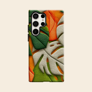 Leather Tropical Leaf Luxury Fashion Full Lens Protective Case for Samsung Galaxy S26 S25 S24 A56 A36 Plus Ultra