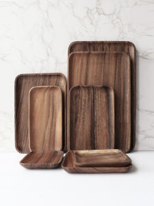Solid Wood Large Tray Tea Tray Acacia Mangium Log Pure Color Coffee Plate Rectangular Walnut Plate Dish Dinner Plate Saucer