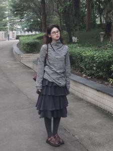 Korean Style Deep Grey Cake Half Skirt Womens Midi High Waist Slim Splicing A-Line Puffy Skirt Spring Autumn Cotton Blend