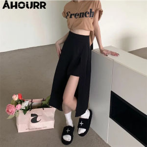 【24hours delivery】Autumn Mid-length Skirt Women High Waist Split Crotch Covering A-line Hip Wrap Skirt