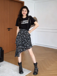 plus Size Floral Print Split Hem A-Line Dress Womens Summer Knot Waist Slimming Asymmetrical Korean Style High Waist Skirt