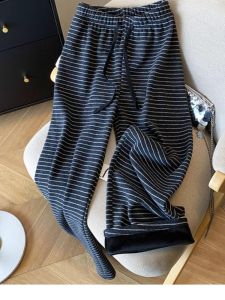 Quần Ống Rộng Kẻ Sọc Cho Bà Bầu Mùa Xuân Thu Quần Dài Cotton Lông Cừu Lưng Thun Có Dây Rút Cạp Cao Lót Lông Cừu Thường Ngày