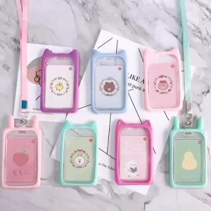 Zaman Now: Tag Lanyard Gantungan Kartu Motif Kucing Akses MRT Busway E-Money Flazz Warna Pastel