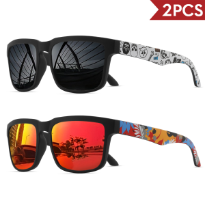 2PCS Square Sports Sunglasses with Designer Temple Pattern - UV400 for Men Women Beach Vacation