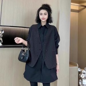 Elegant Striped Loose Womens Shirt plus Size Fashionable Top Korean Style Long Sleeve Button Detail Polyester Blend