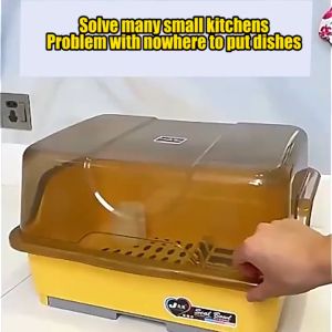 Kitchen Dish Rack with Cover Plastic Dish Rack Storage Box Dustproof Innovative Organization