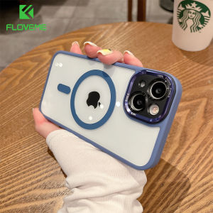 [With Lens Film] FLOVEME Plating Wireless Charging Phone Case For iphone 14 13 12 Pro Max 14 Plus Metal Lens Film Transparent PC Hard Back Cover For iphone 14 13 12