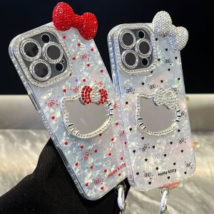 【New】Self-contained Diamond Lens Frame Series 3D Kitty Mirror & Bow Heart Pattern IMD Phone Case with Bracelet For iPhone 11 12 13 14 15 16 Series