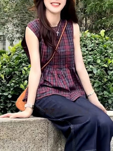 Shalldoer | Korean Style Vintage Plaid Sleeveless Shirt Womens Loose Fit Thin Breathable Versatile Top Casual Style Round Neck Short Sleeve
