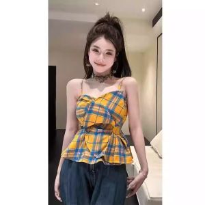 French Unique Mini Strap Vest Women Summer Elegant Waist Cinching Sleeveless Outerwear Lace Trim No-Sleeve Top Plaid Shirt