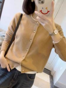 Spring New Knitted Open Cardigan Fashion Solid Color round Neck Metal Button Loose Casual Slim Long Sleeve Top Womens Wear