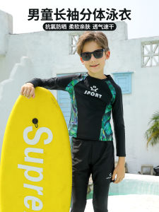 Quick Dry Childrens Swimming Suit Long Sleeve Separate Boys Swimwear Warm Sunscreen Surfing Casual Kids Two-Piece Swimsuit