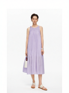 Acetate Blend French Pleated Sleeveless Halter A-Line Dress