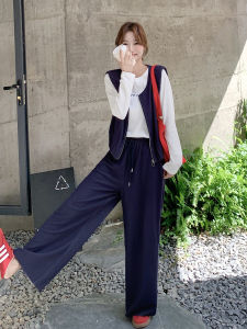 Loose Fit Set Womens Dark Blue T-Shirt Wide Leg Pants Vest Three Piece Set Fashionable Autumn Collection Comfortable Style