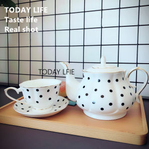 Black White Hepburn Style British Polka Dot Gold Embossed Bone China Tea Pot Coffee Pot Water Pot Coffee Cup Plate
