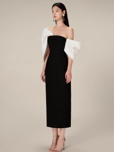French Style Elegance Big Bow off-the-Shoulder Small Dress Female Vietnamese Designer Niche Style Black and White High Waist Slim Looking Dress