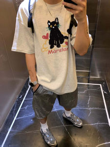 Áo Thun Cotton Nam Tay Ngắn Mùa Hè Dáng Rộng in Họa Tiết Hoạt Hình Thường Ngày Tay Lửng Cotton Nguyên Chất Tay Ngắn