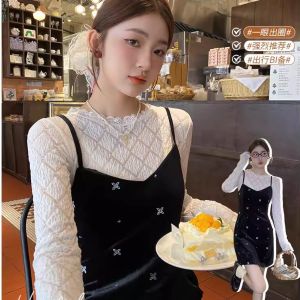 Elegant Long Sleeve Lace Sweater Womens Inner Wear Base Shirt Layering Autumn Winter New Style Fitting Top in Peach Color