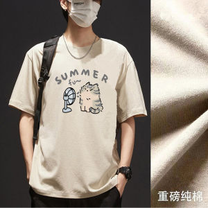 Japanese Fashion Brand Cartoon Hong Kong Style Retro Heavy Weight Pure Cotton Short Sleeve T-shirt Mens Summer Ins Trendy Handsome Easiest for Match Half Sleeve