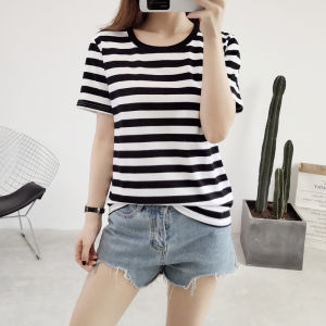 Blue White Stripes Loose Fit Short Sleeve Cotton T-Shirt Womens Casual Thin Style Summer Top round Neck Splice Pattern