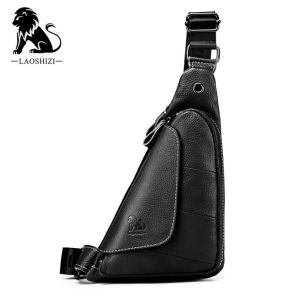 LAOSHIZI 100% Genuine Leather Cow Mens Crossbody Bag Chest Bag