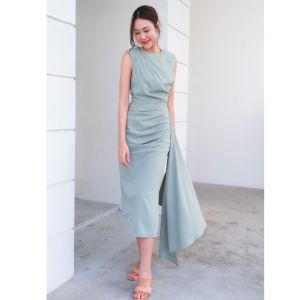 [LUXURY707] FN1115 : เดรสออกงานแขนกุดผ้าชีฟอง จับเดรปเอว