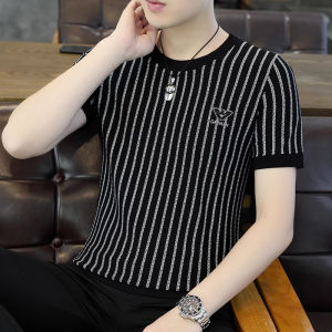 เสื้อยืดแขนสั้นผู้ชายลายทางคอตตอนเนื้อนุ่มระบายอากาศได้ดีสำหรับฤดูร้อน เสื้อชั้นในถักผ้าไหมน้ำแข็งสุดหรูจากแบรนด์ Danlian Fox