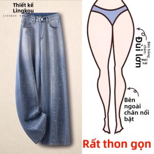 NUMEN BUTTON | Quần Jeans Chân Rộng Cao Waisted Phồng Đính Hạt Kim Cương Dáng Thẳng Bó