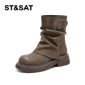 รองเท้าบูทหนังหุ้มข้อผู้หญิง Martin Boots ทรงหัวมน ส้นสูงปานกลาง วัสดุส่วนบนเป็นยาง ฤดูใบไม้ร่วง 2024 สำหรับใส่ไปเที่ยว รองเท้าบูทสไตล์อเมริกัน