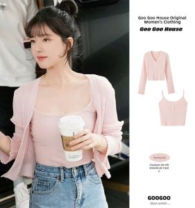 Pink Knitted Open Cardigan Sweater Vest Set Early Autumn Collection Ouyang Zhaoliu Small Strapless V-neck Long Sleeve Thin Model