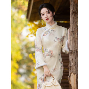 New Chinese Style Cheongsam Thickened Long Sleeve Fleece Lined Retro Young Womens Dress Winter Fashion Traditional Korean Hanbok