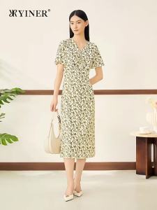 French Vintage Floral Print Silk V-Neck Dress