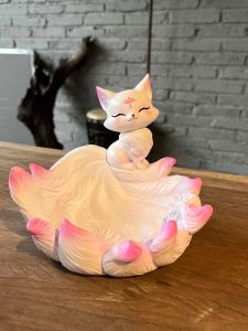 Cute Cartoon Nine Foxes Storage Tray Desk Pet Display Piece Office Decorations Room Accessories Resin Craft Pink Color