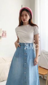 (TERKINI) Skirt Jeans Wanita Panjang - Skirt Rumbai Pocket RIC5420 - Rok Gamis Panjang Button - Rok Maxi Jeans Panjang