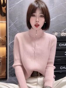 Pink High Collar Thickened Half Zip Sweater Womens Base Shirt Inner Wear Lazy Style Autumn Winter New Outerwear Shirt