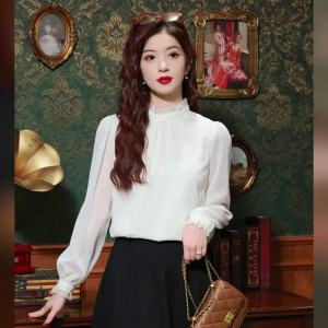 AMMIN 2024 Autumn new pleated stand-up collar fashion Sweet lace mesh patchwork long sleeve chiffon blouse Korean style bubble sleeve elegant blouse