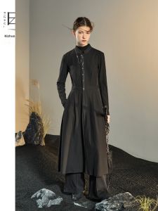 Original Design Chinese-style Waist-High Stand-Collar Structured Black Shirt Dress