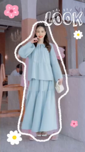 TW20677 set 2 ชิ้น เสื้อแขนยาว ผูกโบว์ + กระโปรงยาว ..