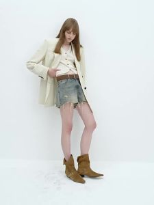 MO&Co. | Autumn and Spring Heavily Washed Bamboo Texture Cotton Low Waist Distressed Denim Shorts
