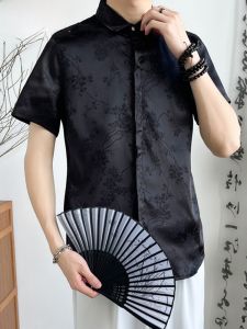 HENGYUANXIANG | เสื้อเชิ้ตคอตั้งชายสไตล์จีนใหม่ ผ้าไหมน้ำแข็ง แขนสั้น แฟชั่นฤดูร้อน ผ้าฝ้ายผสมโพลีเอสเตอร์ ลายดอกไม้ ทรงหลวม