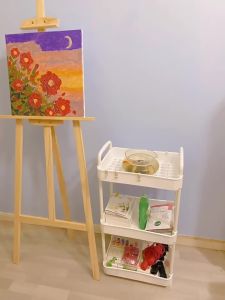 Trolley Cart Organizer: 3-Tier Plastic Utility Cart with Handle Wheels and 3 Hanging Baskets