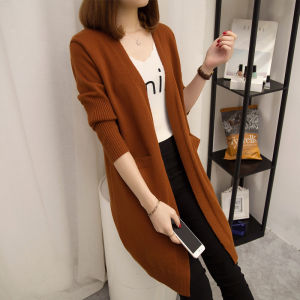 Womens Mid-Length Knitted Jacket Autumn Winter New Style Loose Long Sleeve Coat with Pockets Versatile Sweater Cardigan