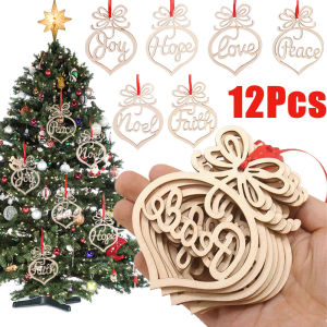 12pcs Wooden Christmas Pendant Christmas Wooden Hollow Out Ornament Xmas Tree Hanging Pendant Wooden Ornament Peace Joy Faith Noel Love Hope New Year Decoration