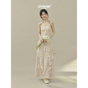 OUYANGXI | Đầm Voan Chấm Bi Pháp Dành Cho Kỳ Nghỉ Mùa Xuân Hè Trên Bãi Biển
